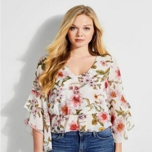 New - GUESS Jiya Ruffle Bell Sleeve Floral Sheer Blouse Sz L Flawed - Picture 1 of 14